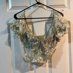 ROMWE Green Sheer Top with Embroidery
